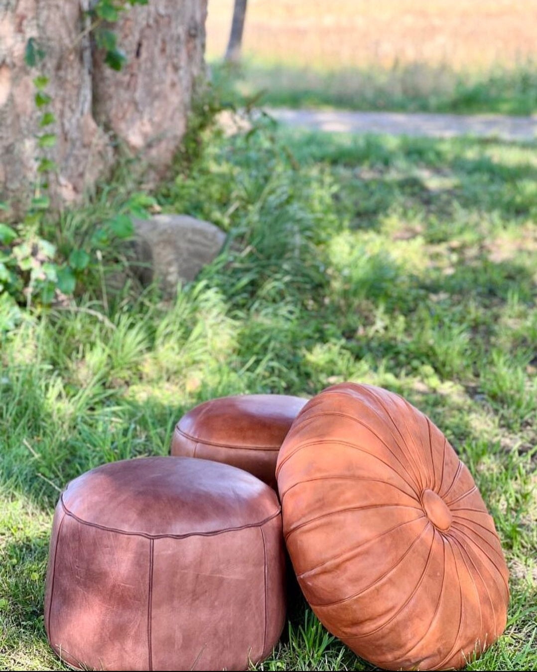 Rund læderpuf - Cognacfarvet kernelæder - Ø50 cm - novamøbler