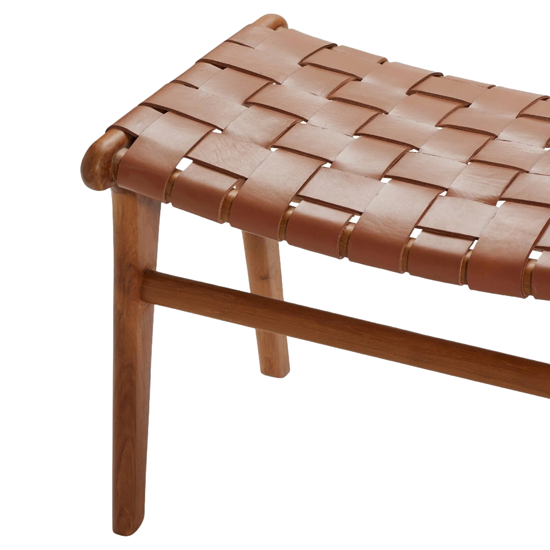 Skammel - Teak/cognacfarvet læder - By Sol - P014 - novamøbler