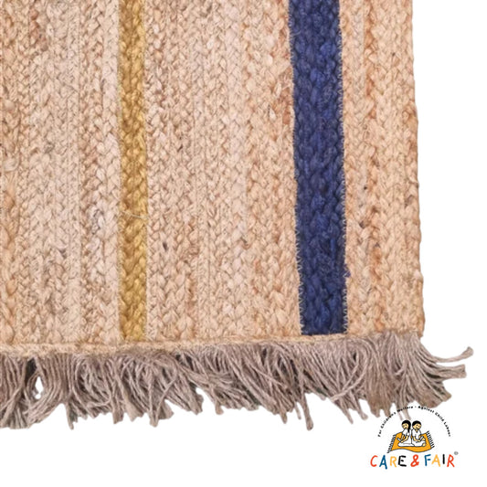 Jute tæppe - Natural with Blue & Yellow Stripes - 72x110 cm - novamøbler