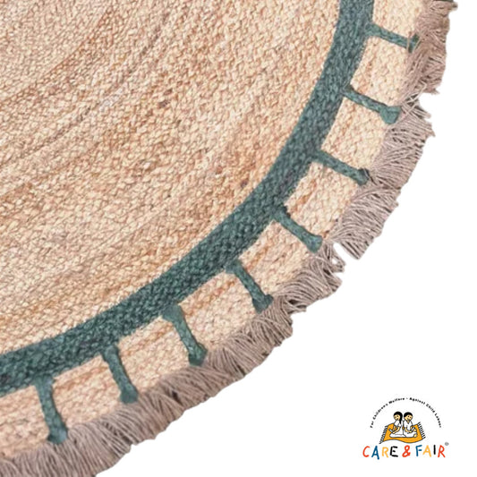Rundt Jute Gulvtæppe - Natural with Olive Green ring and stripes - Ø130cm - novamøbler