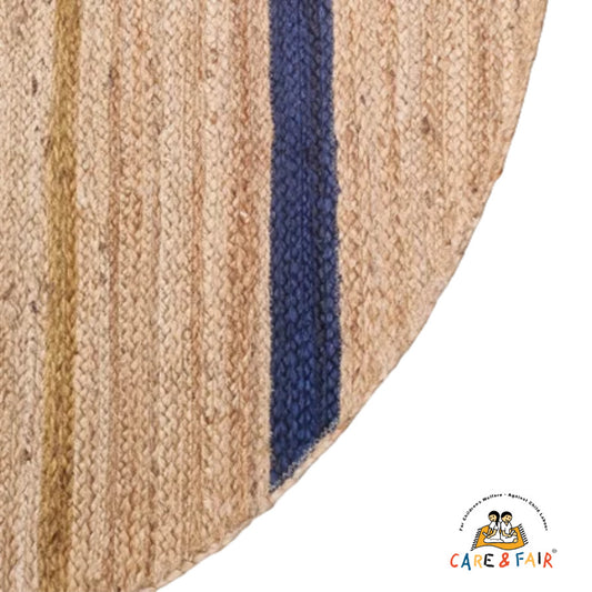 Rundt Jute Gulvtæppe - Natural with Blue & Yellow Stripes - Ø130cm - novamøbler