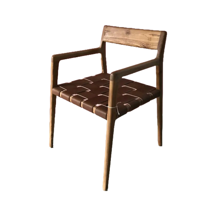 Saha Sol, SOL, BY SOL, by sol, Fine Furniture, stol, spisebordsstol, teak, træ, teaktræ, læder, brun, brunt, chokoladebrunt, læderflet, flet