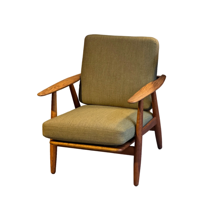 Vintage, Hans Wegner, GE240, lænestol, stol, træ, teak, teaktræ, betræk, stof, grøn